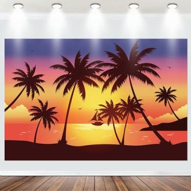 Imagem de Tecido 3 x 2,4 m Pôr do Sol Praia Pano de Fundo Tropical Palmeira Coco Silhuetas Fotografia Fundo Verão Mar Crepúsculo Cenário Foto Decoração Papel de Parede Havaí Luau Tiki Banner Festa