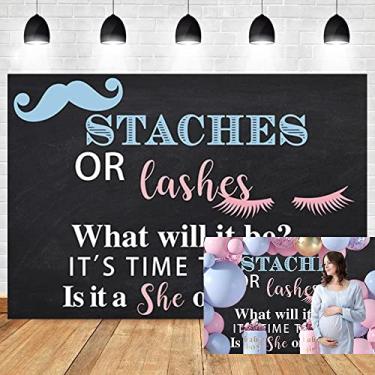 Imagem de OERJU 1,8 x 1,2 m de fundo revelador de gênero, estacas ou cílios O que será? É hora de ver. É uma ela ou um ele? Fundo preto revela texto fotografia chá de bebê festa de aniversário banner vinil
