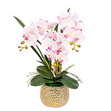 Imagem de DCYEQRQ Flores artificiais com vaso dourado Phalaenopsis Flor artificial de plástico para ambientes internos para casa, sala de estar, mesa de jantar, decoração realista