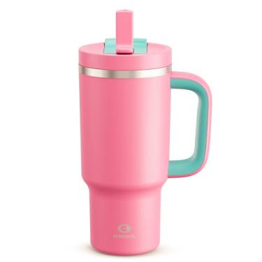 Imagem de ENCOOL Copo de 940 ml com alça e canudo: copo isolado de aço inoxidável mantém frio por 24 horas, copo de viagem à prova de vazamento cabe no suporte de copo e livre de BPA, tulipa