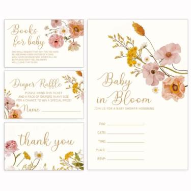 Imagem de Convites de chá de bebê, decorações de chá de bebê de flores, cartão de convites de flores, cartões de convite incluídos com envelope sorteio de fraldas bilhetes cartões de solicitação de livro e