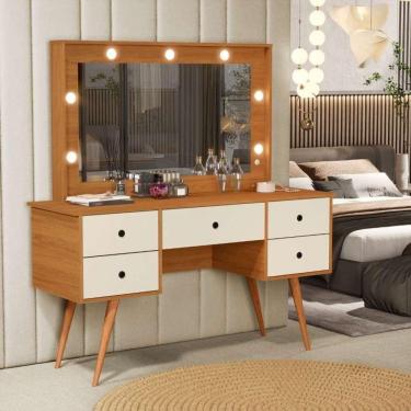 Imagem de Penteadeira Camarim Bancada Maquiagem 100% Mdf Espelho Led 5 Gavetas Pés Palito Retrô Nature / Offwhite