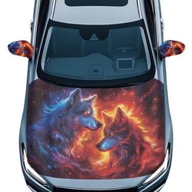 Imagem de Pirexcny Capa de capô de carro com estampa de lobo Coool conjunto de 3 peças de capas de capô para carros, capa de proteção retrovisora automotiva respirável capa de neve para capô de carro macio