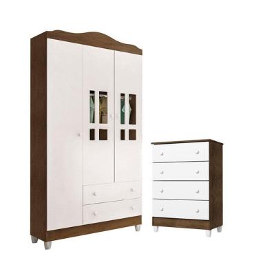 Imagem de Cômoda Gaveteiro E Guarda Roupa Ariel Branco Acetinado Amadeirado - Carolina