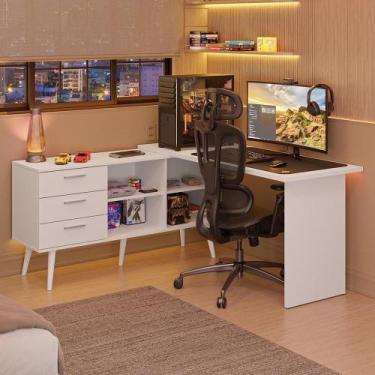 Imagem de Escrivaninha Em L Mesa Para Computador Gamer 3 Gavetas Branco Lisboa M