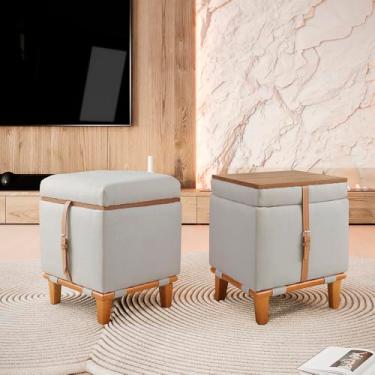 Imagem de Puff Quadrado Flex Baú Linho Soft Madeira Maciça Assento e Mesa de Centro