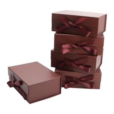Imagem de MEIANJU Caixas de presente marrom avermelhado 21 cm L x 16,5 cm x A 8,5 cm com fita magnética dobrável conjunto de 5 caixas magnéticas de acabamento brilhante para apresentações de luxo e proposta de