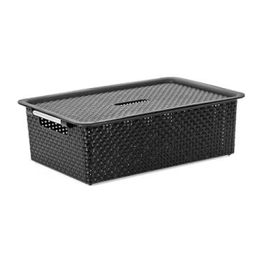 Imagem de CESTO ORGANIZADOR QUE IMITA RATTAN, COR: PRETA, C/TAMPA, MEDIDAS: 47,5x32x15cm