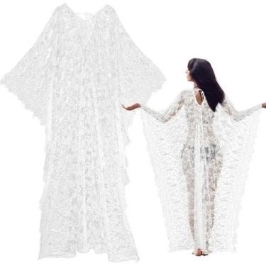 Imagem de Vestido quimono de renda Beach Cover Up Mepase Boho Witch branco