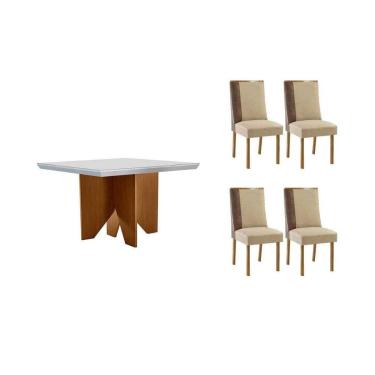 Imagem de Conjunto Sala de Jantar Nevada c/ Tampo Madeirado c/ Vidro Canto Curvo 90x90cm e 4 Cadeiras Tilia Madeira Maciça Naturale/Off White - Capuccino/Suede 