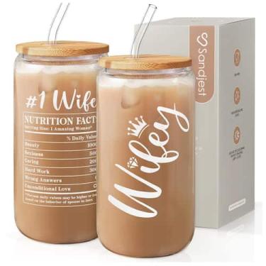 Imagem de Copo de vidro SANDJEST Wifey 473ml com tampa de bambu Straw