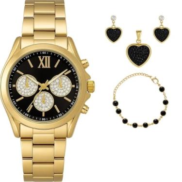Imagem de Relogio Feminino Aco Inox Dourado + Pulseira Colar + Caixa moda preto qualidade premium
