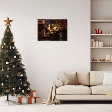 Imagem de 1 peça de impressão de arte de parede de Natal Papai Noel tocando piano com gatos, cena de férias encantadora, sem moldura para sala de estar, quarto, escritório, 20 x 30 cm
