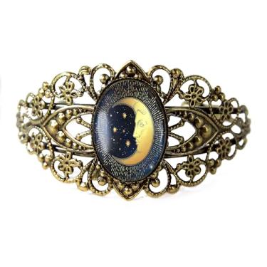 Imagem de Pulseira de filigrana lua crescente - Acessório celestial feito à mão, bronze antigo prata ou preto, joias de vidro vintage estilo vitoriano feitas à mão - 615-CB, Adjustable, Vidro, Sem Pedra
