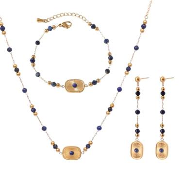 Imagem de TaYolnFaSo Conjunto de joias de contas de pedras preciosas naturais para mulheres, colar de disco solar, brincos, pulseira, 3 peças, lápis-lazúli, ametista, ágata preta, ágata vermelha, joia de