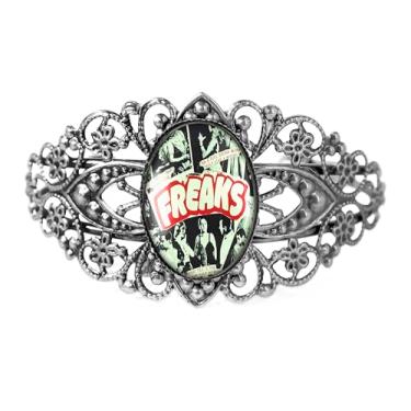 Imagem de Pulseira Freaks – Circus Side Show Oddity, Bronze Antigo Prata ou Preto, Joias Vitorianas Artesanais de Filigrana – 167-CB, Adjustable, Vidro, Sem Pedra Preciosa
