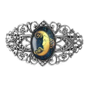 Imagem de Pulseira de filigrana de lua crescente - Arte da lua celestial BoHo, prata bronze antigo ou preto, joia de vidro vintage vitoriana feita à mão - 35-CB, Adjustable, Vidro, Sem Pedra Preciosa