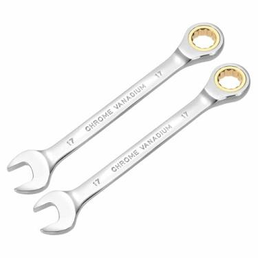 Imagem de HARFINGTON 2 chaves de catraca de 17 mm métrico 12 pontos CR-V aço cromado alongamento caixa dupla chave catraca de extremidade aberta com 72 dentes e chave inglesa de engrenagem giratória de 5° para