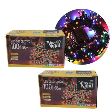 Imagem de Kit 2 Piscas LED Colorido Sequencial 100 Lâmpadas 8 Funções Fio Verde 8 Metros 127V