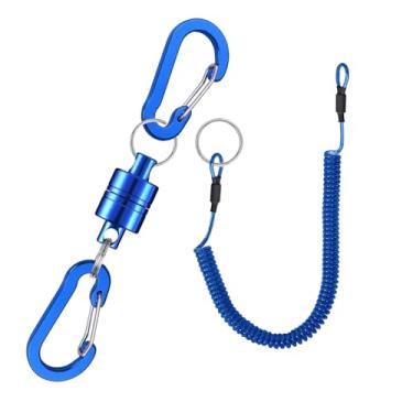Imagem de VQORAHUIX Rede magnética de liberação de rede de pesca com mosca retrátil chaveiro magnético, para pesca com mosca com cordão retrátil em espiral mosquetão
