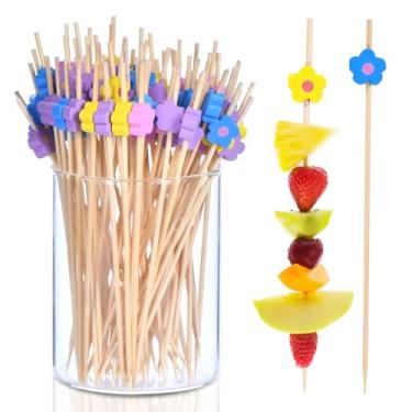 Imagem de JtmyAota 100 palitos de flores para aperitivos, palitos de coquetel extravagantes de 12 cm para decoração de festa, espetos de aperitivos de bambu para charcutaria, sanduíche, hambúrgueres de frutas