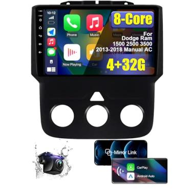 Imagem de Estéreo automotivo 4+32G 8 núcleos para Dodge Ram 1500 2500 3500 2013 2014 2015 2016 2017 2018 Manual AC com Carplay sem fio Android Auto, tela sensível ao toque HD de 23 cm com câmera reserva AM/FM