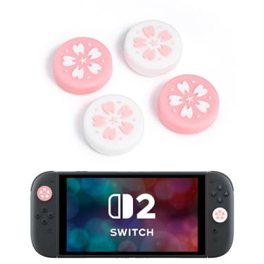 Imagem de DLseego 4 Pegas de polegar projetadas para Nintendo Switch 2 2025, silicone macio Joycon controle analógico protetor antiderrapante capa botão Joycon Joystick Caps Covers, Cherry Blossom Sakura - Rosa