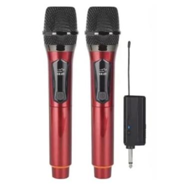 Imagem de Kit 2 Microfones Dinâmico Sem Fio Profissional Recarregável Uhf para Karaokê (vermelho)
