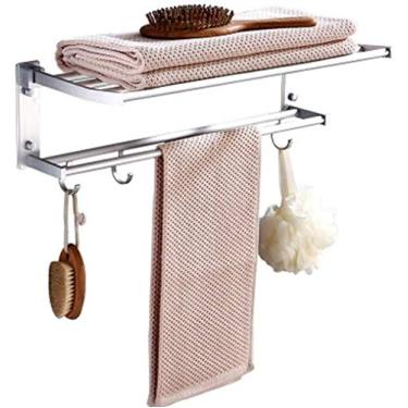 Imagem de Toalheiro, toalheiro espaço alumínio pendurar na parede suporte de toalha dobrável gancho duplo prateleira de banheiro casa fácil de instalar/40 cm