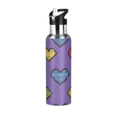 Imagem de Wassud Garrafa de água de aço inoxidável com corações pixelados, garrafa de água esportiva com isolamento de palha, copo portátil para viagem, 946 ml
