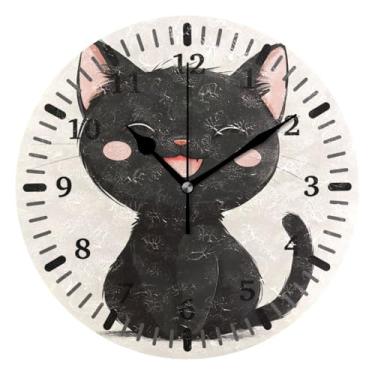 Imagem de CEBUGI 1 gato preto, 1 relógio de parede, operado por bateria, relógios redondos silenciosos, sem tique-taque, para cozinha, banheiro, quarto, escritório, decoração 25,4 cm
