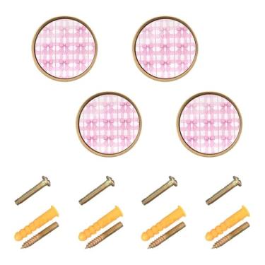 Imagem de Burbuja Puxadores de armário de cozinha xadrez com laços cor-de-rosa, pacote com 4, puxadores redondos de 3,5 cm, puxadores de cômoda com parafusos para armários de cozinha, quarto, armário