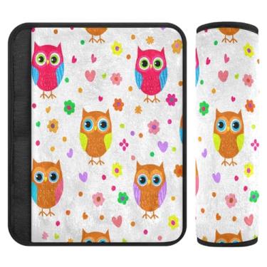 Imagem de Burbuja Corujas coloridas capas de cinto de segurança de carro macias confortáveis protetor de cinto de segurança para alça de ombro de assento, 1 par médio