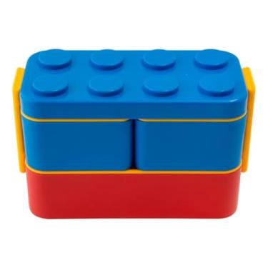 Imagem de Marmita Tripla Estilo Blocos de Montar, Multicolorida, com 3 Compartimentos e Talheres, Design Infantil Divertido