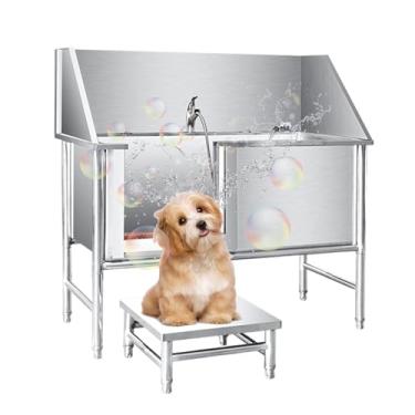 Imagem de Banheira de cuidados para cães de 119 cm Banheira grande para animais de estimação em aço inoxidável para cães grandes comercial doméstico com torneira, porta deslizante, grade de piso (estilo D)