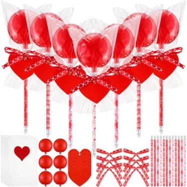 Imagem de Gemscream 24 Pack Valentine Fillable Gift Bulk Giant Lollipop Shaped with Heart-shaped Plastic Bag, Tags, Pencils and Ribbon for Valentine Exchange Favor Galentine Party Birthday Gift (Light Red)