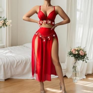 Imagem de Conjunto de lingerie sexy para mulheres, fantasia de dança do ventre com saia longa, fenda alta, transparente, sutiã com franjas exóticas e tanga fio dental, 3 peças