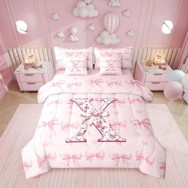 Imagem de Erosebridal Conjunto de cama solteiro com letra X, laço rosa, alfabeto, 7 peças, coração, flores, conjunto de edredom com lençol kawaii para meninas, crianças, conjunto de cama personalizado