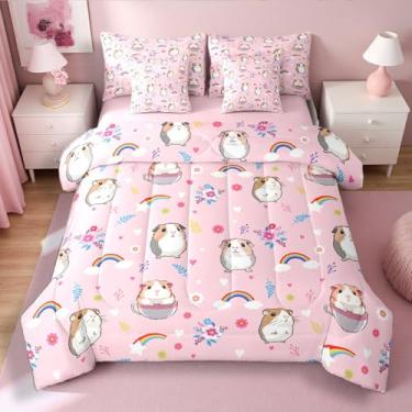 Imagem de Erosebridal Jogo de cama com estampa de porquinho-da-índia fofo e colorido com estampa kawaii, arco-íris, 7 peças, para crianças, meninos, meninas, arco-íris, jogo de lençol com edredom