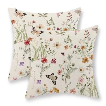Imagem de Conjunto de 2 fronhas florais 45,7 x 45,7 cm, botânico, flores silvestres, primavera, decoração de borboleta, verão, capa de almofada decorativa de linho para casa de fazenda, para sofá e casa
