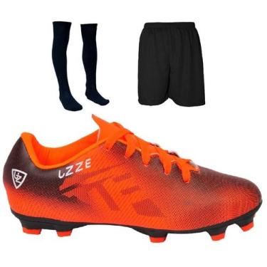 Imagem de Chuteira Campo Costurada + Short + Meião - Uzze Calçados, Laranja, 36