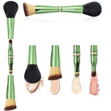 Imagem de Velony Vacay Pincéis de maquiagem para viagem com estojo, conjunto de pincéis de maquiagem 4 em 1, pincel de base de ponta dupla, pincel de sombra, pincel cosmético para líquido, creme, pó (verde)