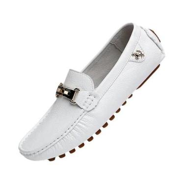 Imagem de Mocassins Masculinos De Couro PU Branco, Slip-On, Feitos À Mão, Casuai