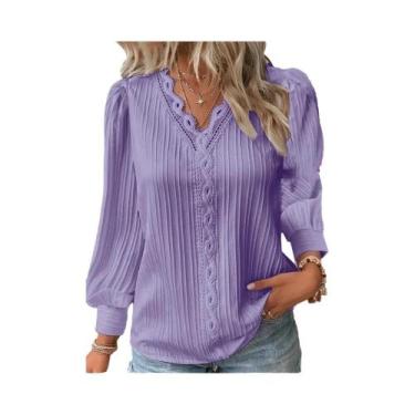 Imagem de Blusa Feminina Elegante De Chiffon Com Decote Em V, Manga Longa E Deta