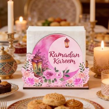 Imagem de Suporte de guardanapo Ramadan Kareem, suportes de armazenamento de lenços verticais de flor de lua em aquarela rosa, dispensador de guardanapos em pé para Ramadã islâmico, férias, cozinha, jantar
