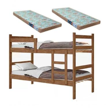 Imagem de Beliche Porto Gabrielli 100% MDF Com Escada Castanho Vira 2 Camas Solteiro + 2 Colchão Solteiro