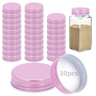 Imagem de 30 tampas de pote de ferro para potes quadrados de 113 g e 170 g reutilizáveis latas herméticas de armazenamento de especiarias tampas de conserva para cozinha com boa vedação (rosa)