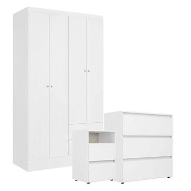 Imagem de Guarda Roupa Solteiro Astro 4 Portas Com Cômoda Gaveteiro Condessa E Mesa De Cabeceira 2 Gavetas Condessa Branco- Thb