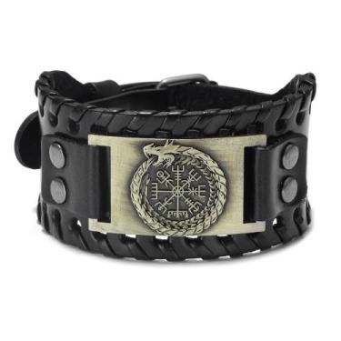 Imagem de Pulseira de couro masculina vintage Dragon Compass Plate 27,5x4cm - yi