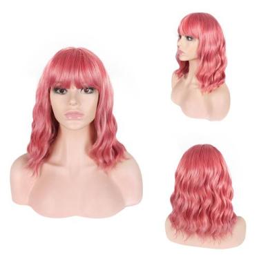 Imagem de Peruca rosa curta ondulada com franja de fibra de alta temperatura - y